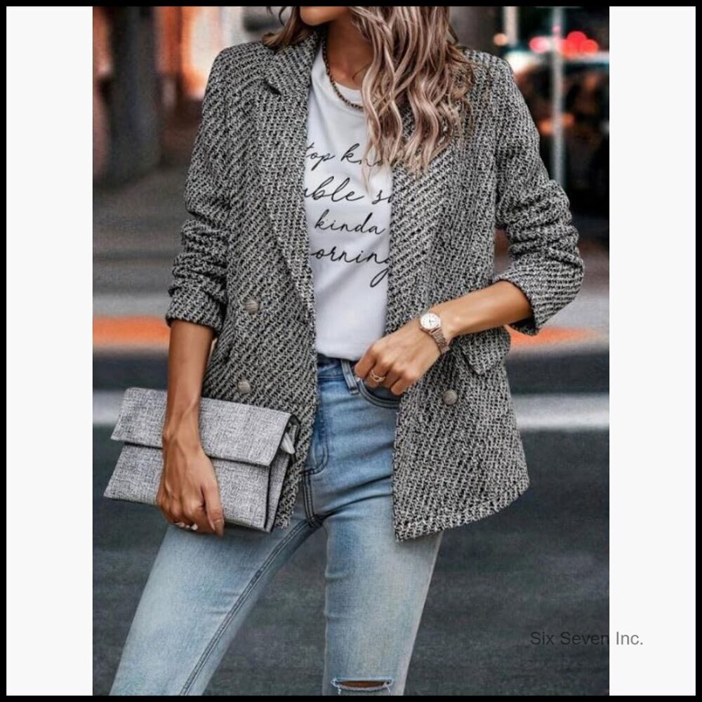 Tweed Blazer Double Breasted Office Jacket Long Sleeve Textured - Picture 4 of 5